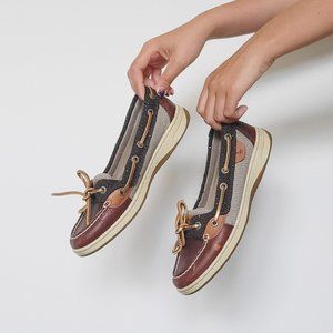 SPERRY BOAT SHOES // dark brown leather + metallic fabric upper // US size 6.5